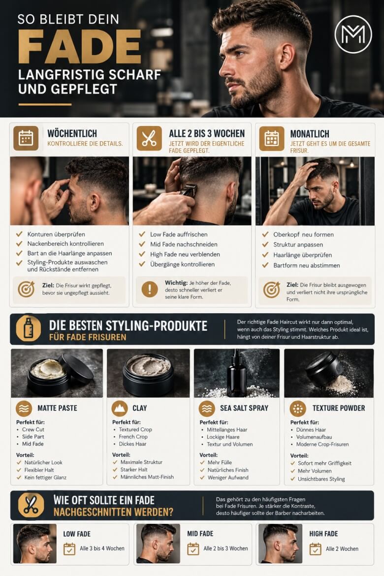 Mann mit gepflegtem Fade Haircut beim Styling mit hochwertigen Haarprodukten