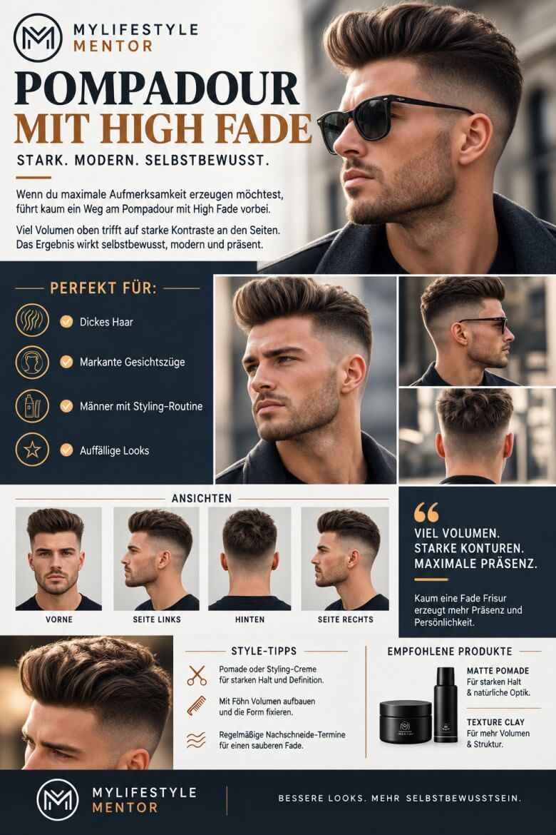 Pompadour Frisur mit High Fade und voluminösem Oberhaar bei einem modernen Mann
