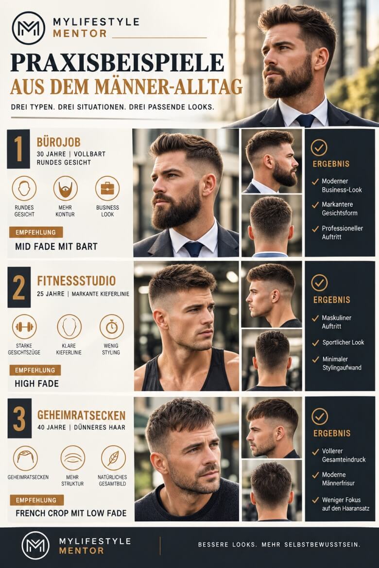Verschiedene Männer mit passenden Low Fade Mid Fade und High Fade Frisuren im Alltag