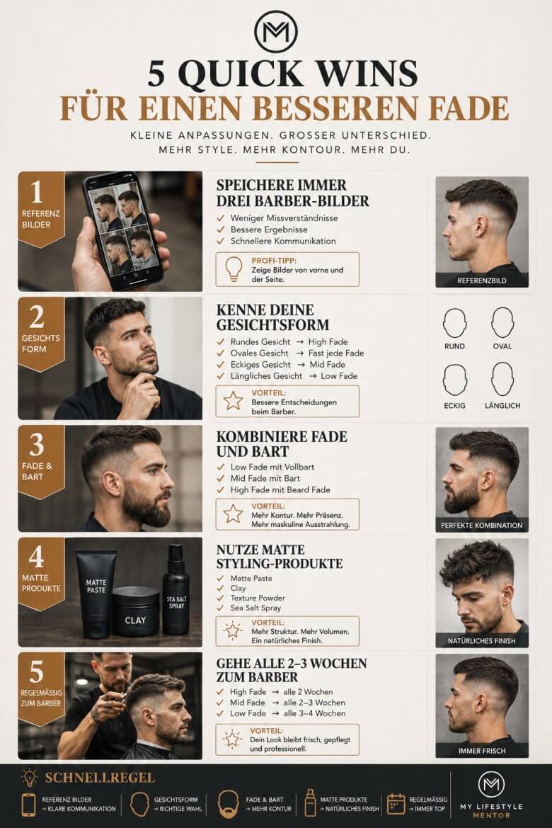 Infografik mit fünf Quick Wins für einen besseren Low Fade, Mid Fade oder High Fade beim Barber