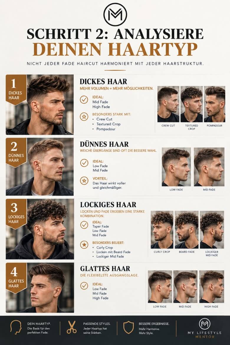 Männer mit dickem dünnem glattem und lockigem Haar bei der Wahl eines Fade Haircuts