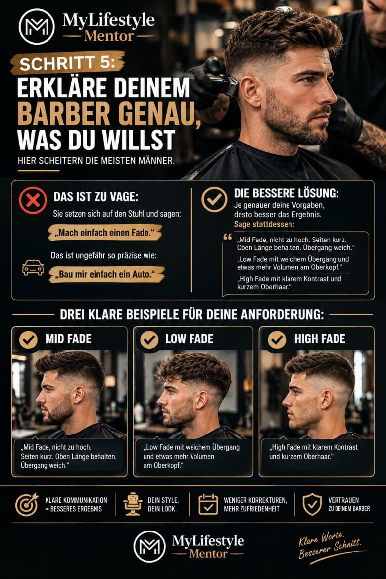 Mann erklärt seinem Barber die gewünschte Low Fade Mid Fade oder High Fade Frisur