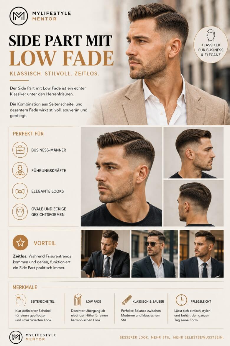 Mann mit Side Part und Low Fade für einen eleganten und professionellen Business-Look