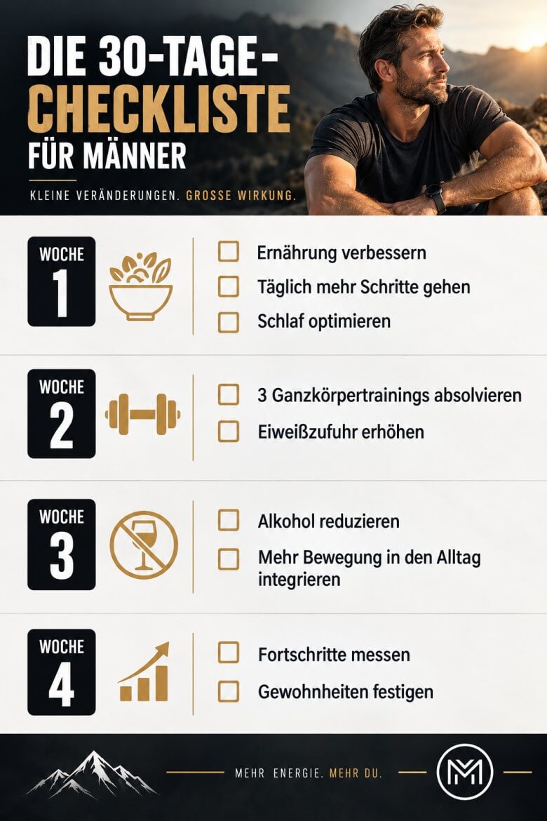 30-Tage-Fitness-Challenge für Männer mit Maßnahmen für Fettabbau, Muskelaufbau und mehr Energie