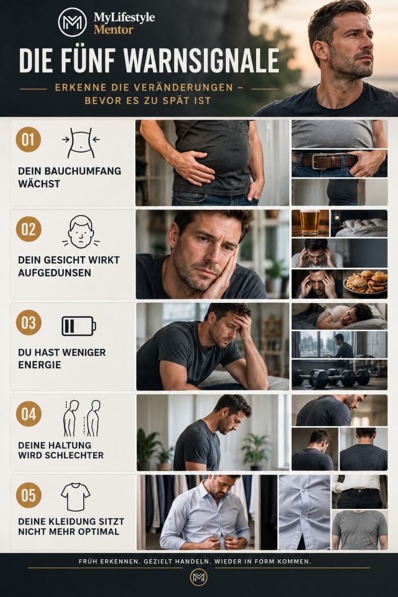 Typische Warnsignale für Männer mit Bauchfett, wenig Energie und schlechter Körperhaltung