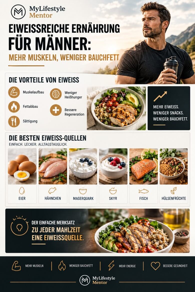 Eiweißreiche Ernährung für Männer mit Lebensmitteln für Muskelaufbau und Fettabbau