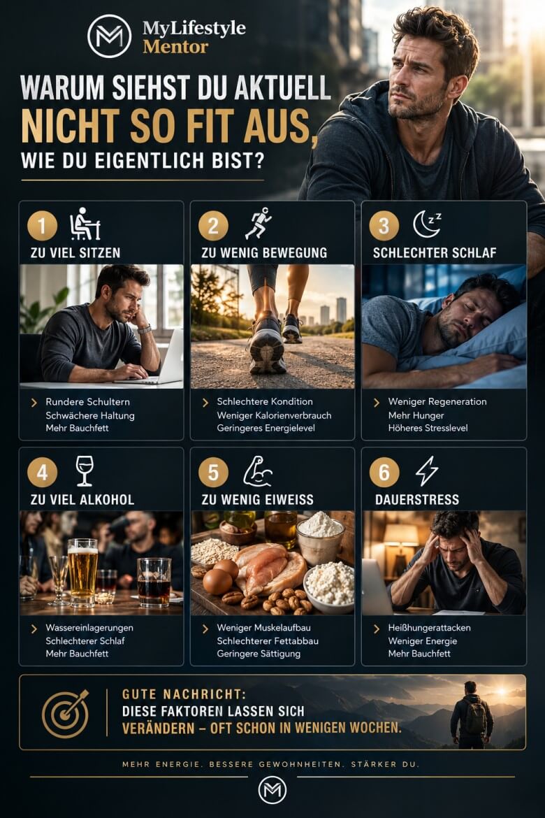 Mann mit wachsendem Bauchumfang, schlechter Haltung und wenig Energie im Alltag
